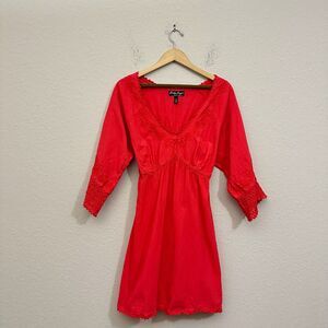 GRETTY ZUEGER Embroidered Babydoll Mini Dress Smocked Waist in Red